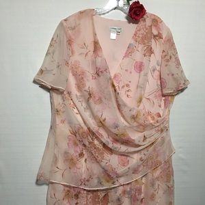 Coldwater creek 18W Long floral wrap dress sheer overlay surplice Pastel Peach